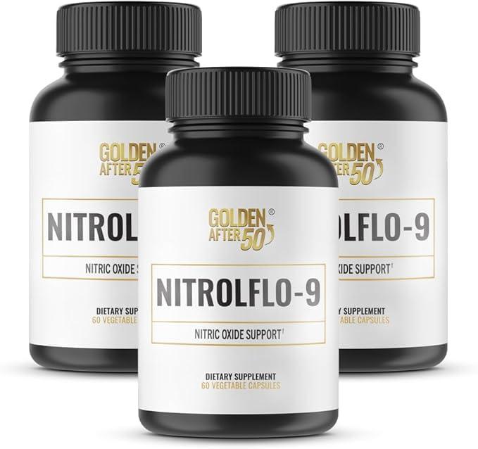 Golden After 50 NitrolFlo-9 bottle with pomegranate for nutrient circulation support