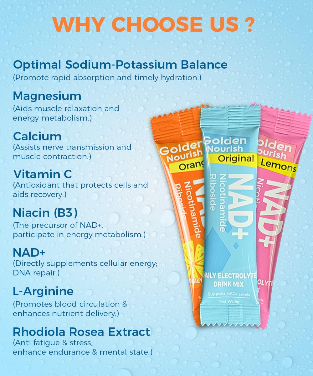Golden Nourish Electrolytes original flavor sachet on countertop for quick hydration.
