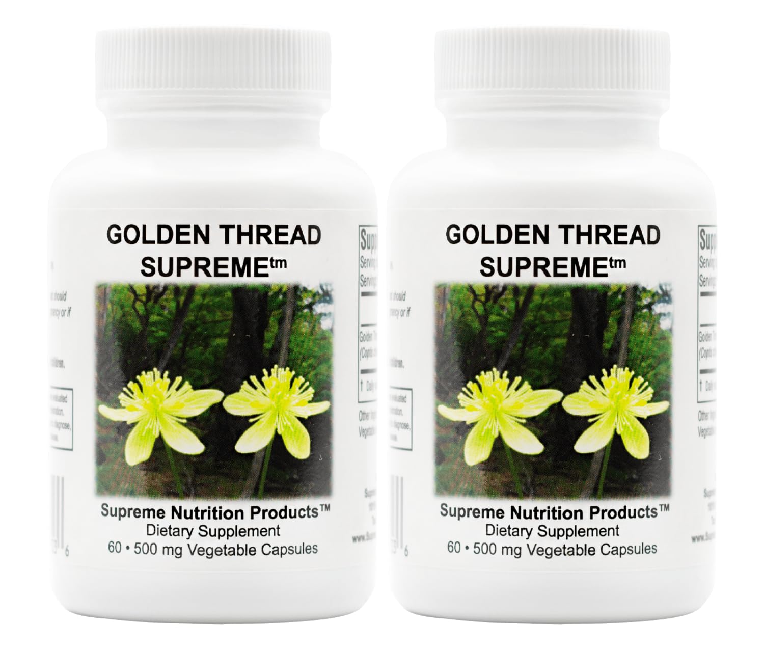 Front view of Supreme Nutrition Golden Thread Supreme packaging (Pack of 2, 60 capsules per pack)