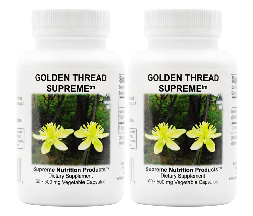 Front view of Supreme Nutrition Golden Thread Supreme packaging (Pack of 2, 60 capsules per pack)