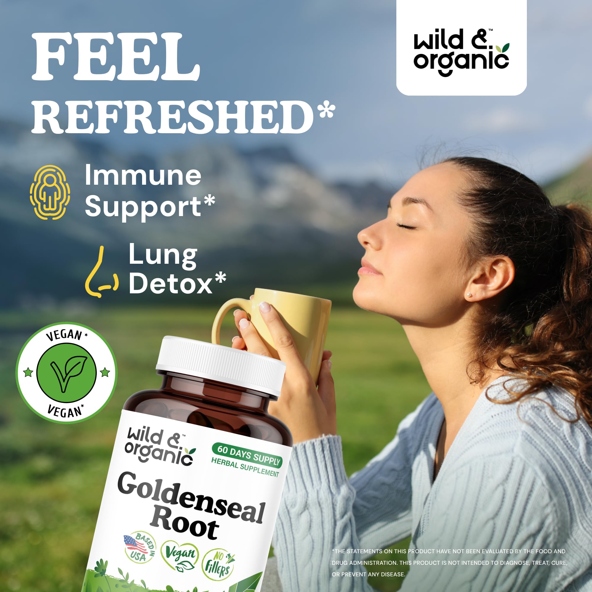 Close-up of goldenseal root capsules showing vegan non-GMO formulation