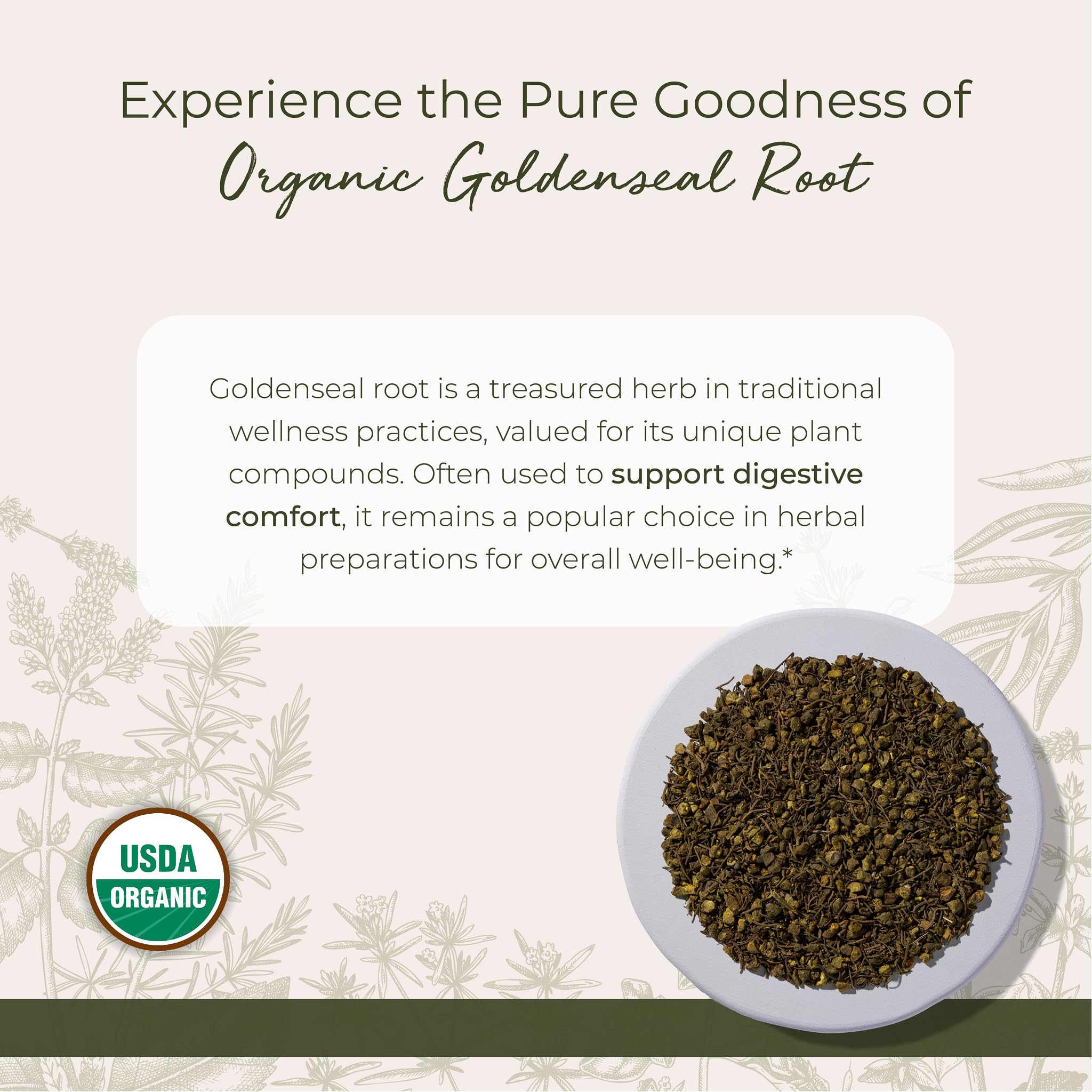 Cut and sifted dried goldenseal root in bag