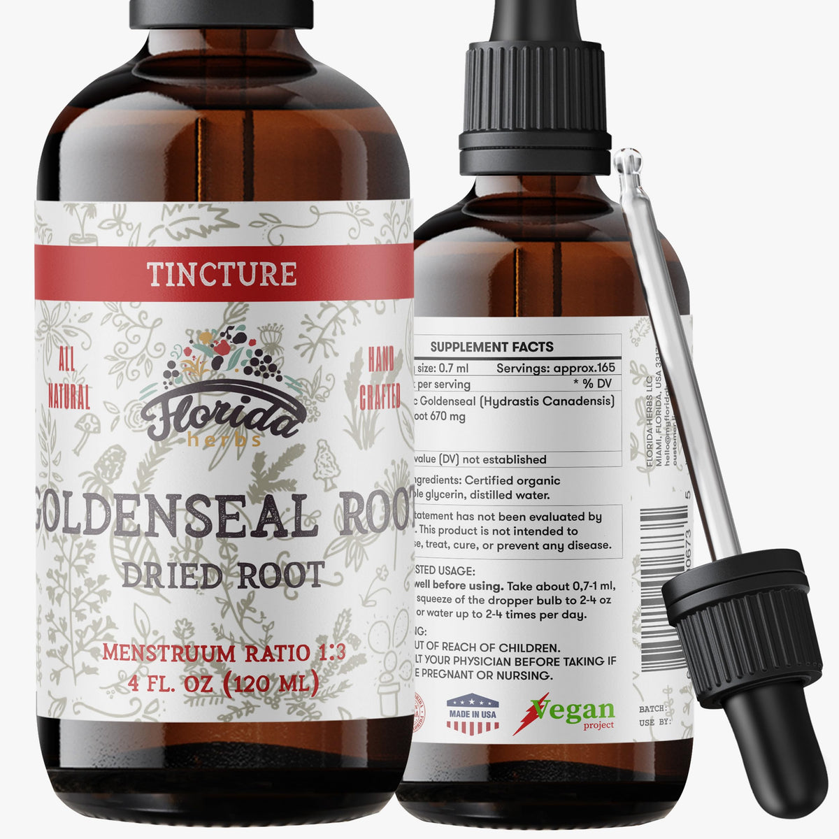 Goldenseal tincture 4 oz amber glass bottle with dropper