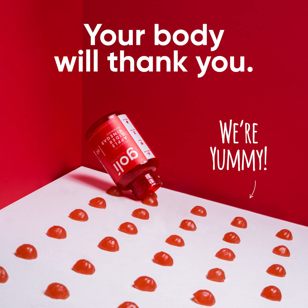 Goli ACV gummies with bright pink label and gummy texture close-up