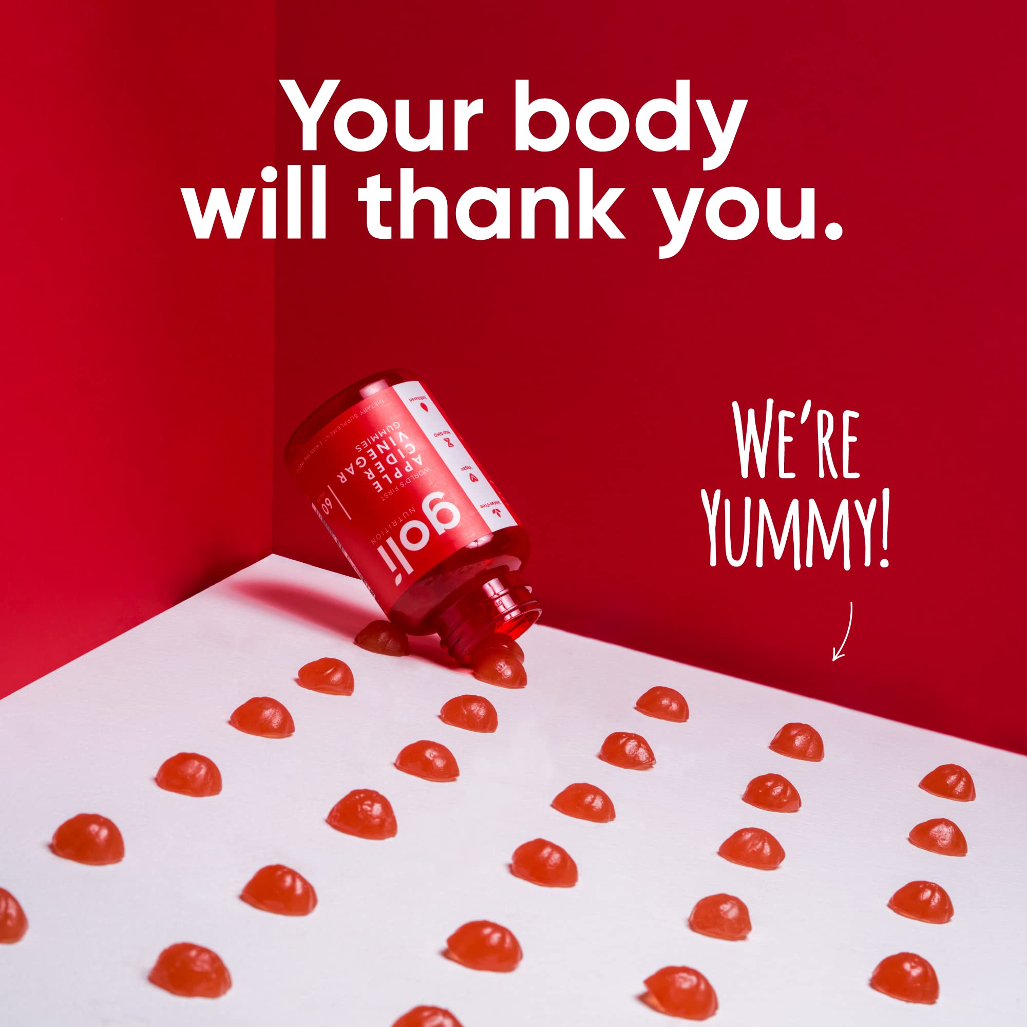 Label showing vegan, gluten-free, gelatin-free and non-GMO on Goli gummies