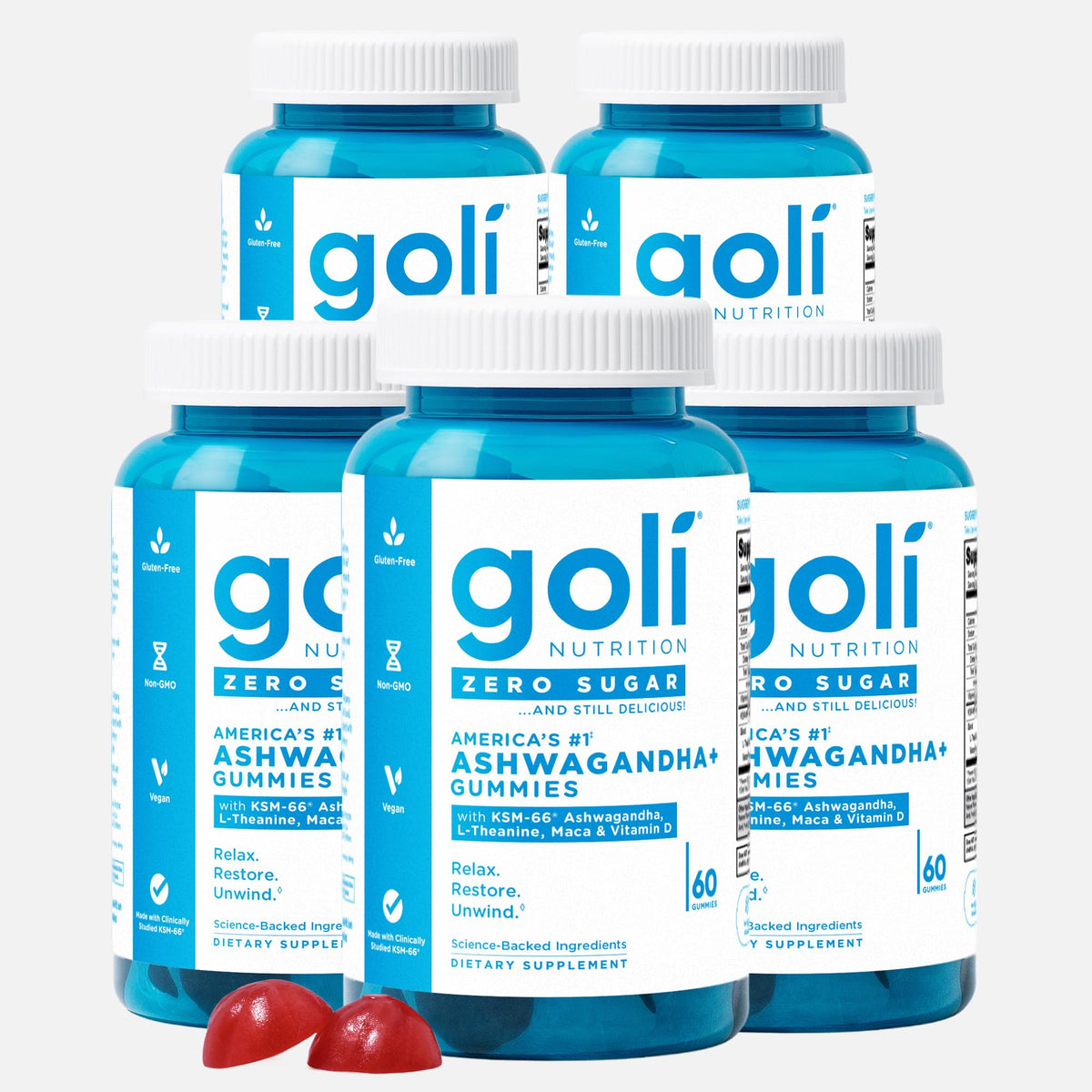 Goli Zero Sugar Ashwagandha Gummies Mixed Berry flavor, vegan, gluten-free, gelatin-free with Vitamin D, Maca and L-Theanine.