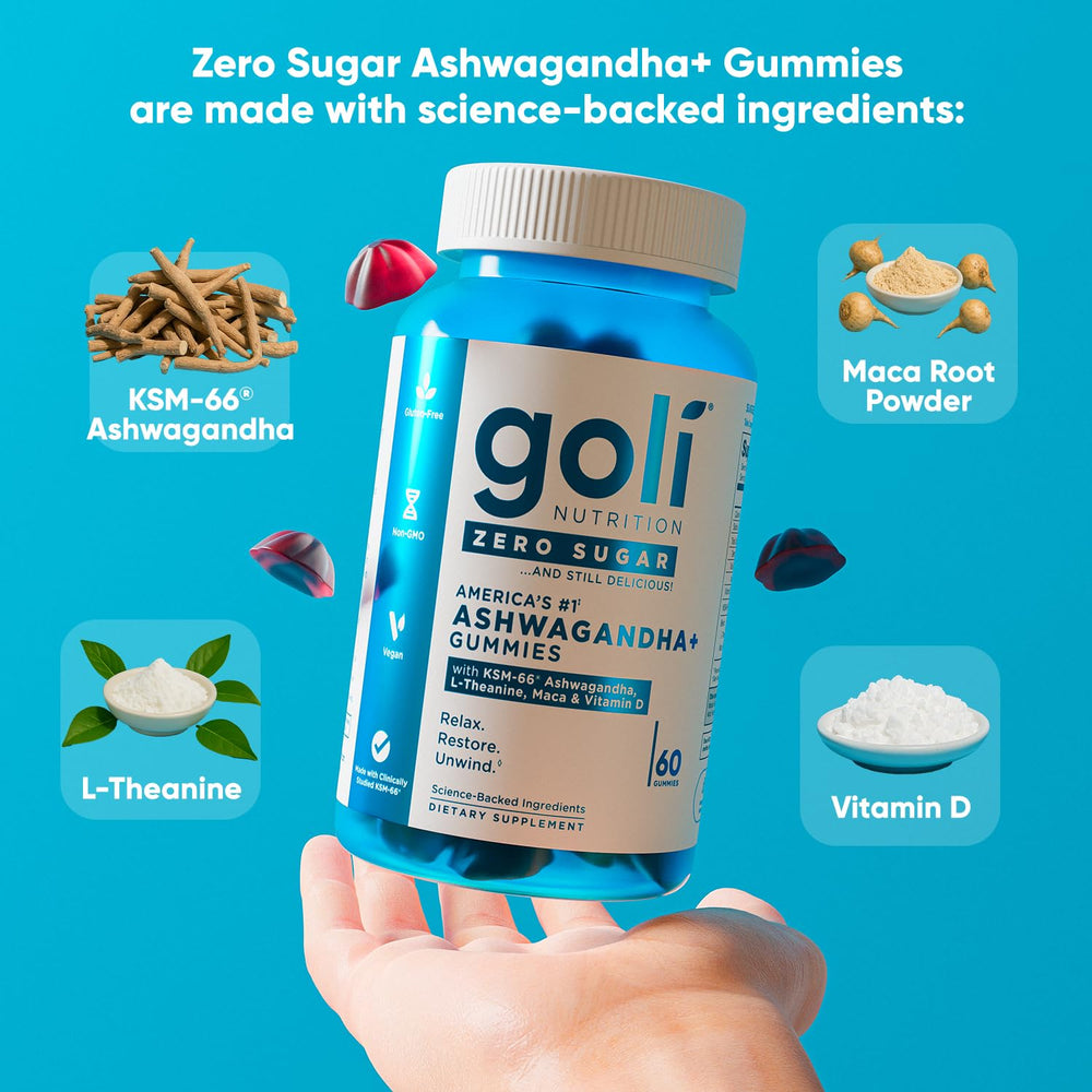 Goli gummies ingredients: Ashwagandha, Vitamin D, Maca, L-Theanine