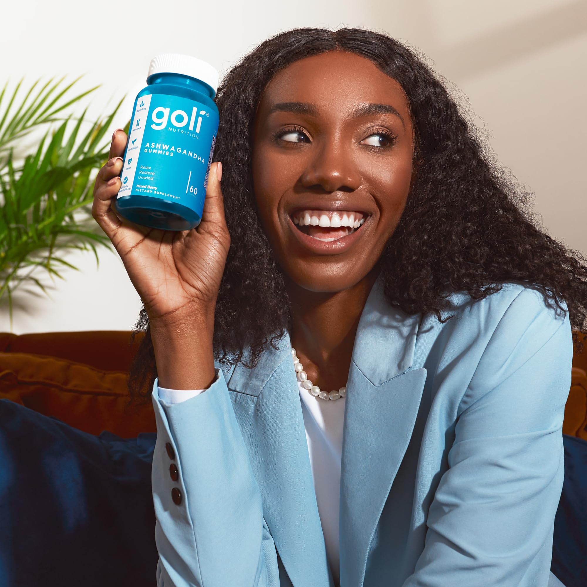 Goli Ashwagandha Gummies daily-dose visual showing two gummies per serving.