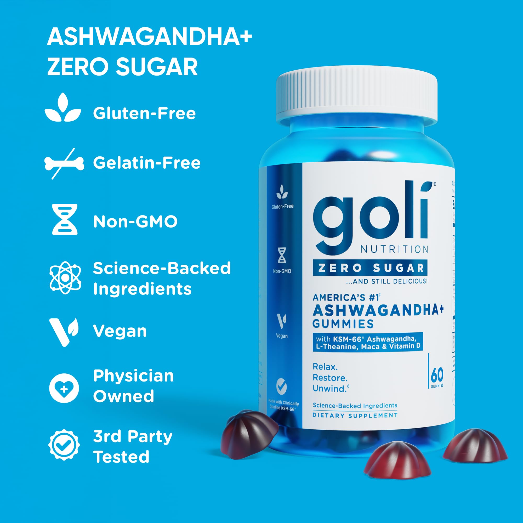 Goli KSM-66 Ashwagandha Gummies closeup highlighting full-spectrum blend.