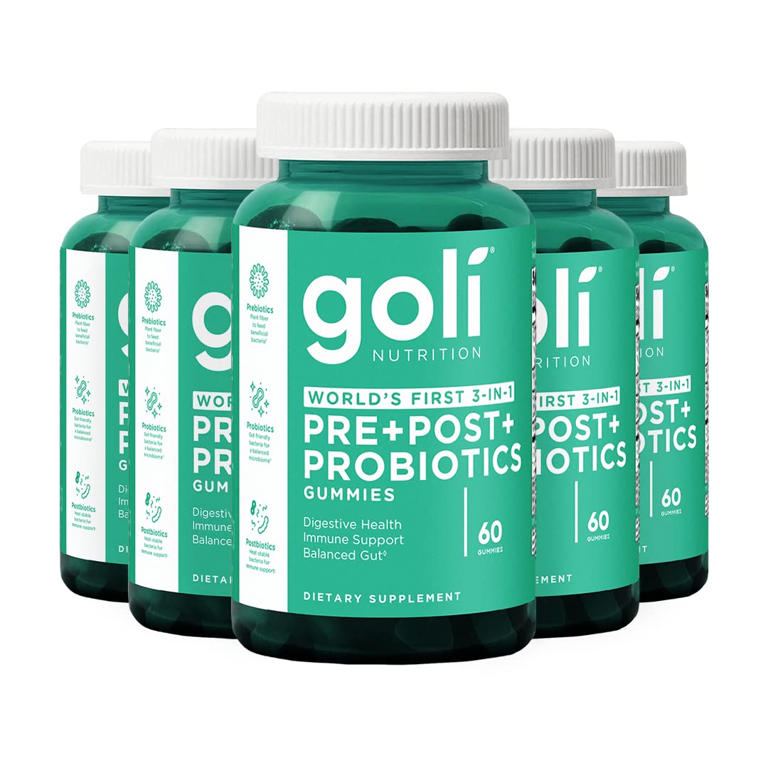 Goli Pre+Post+Probiotics bottle front showing vegan, gluten-free gummies for daily wellness.