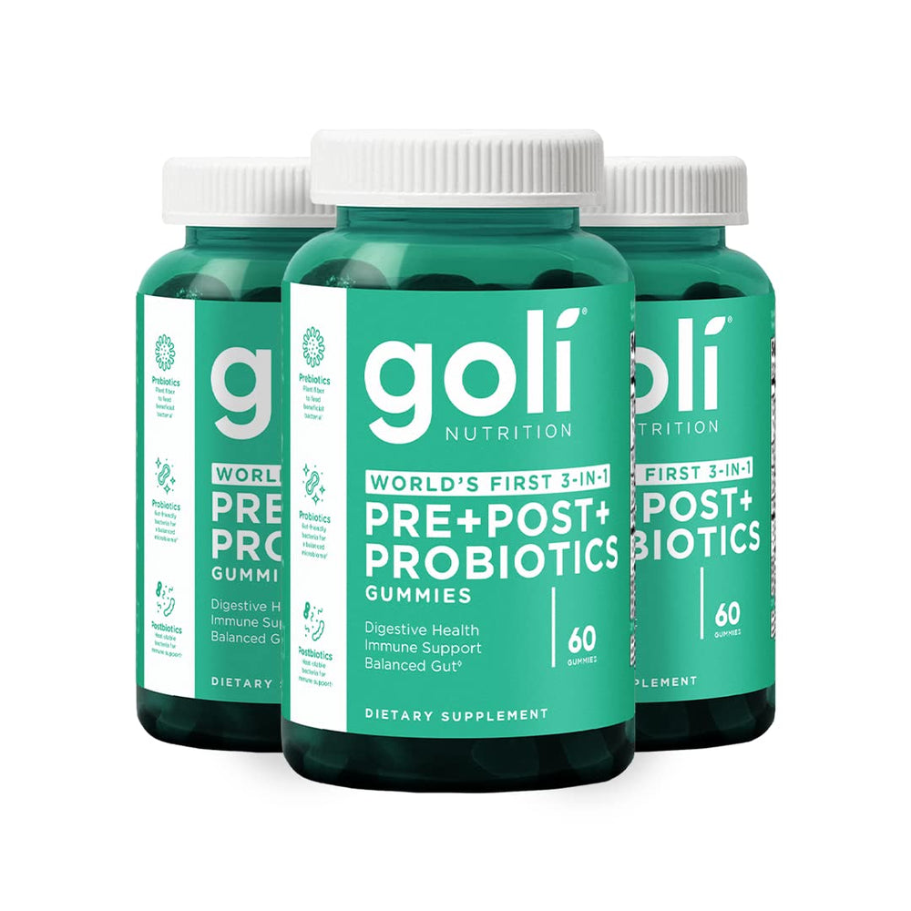 Goli Pre+Post+Probiotics Gummies bottle highlights gluten-free, vegan formula for daily wellness.