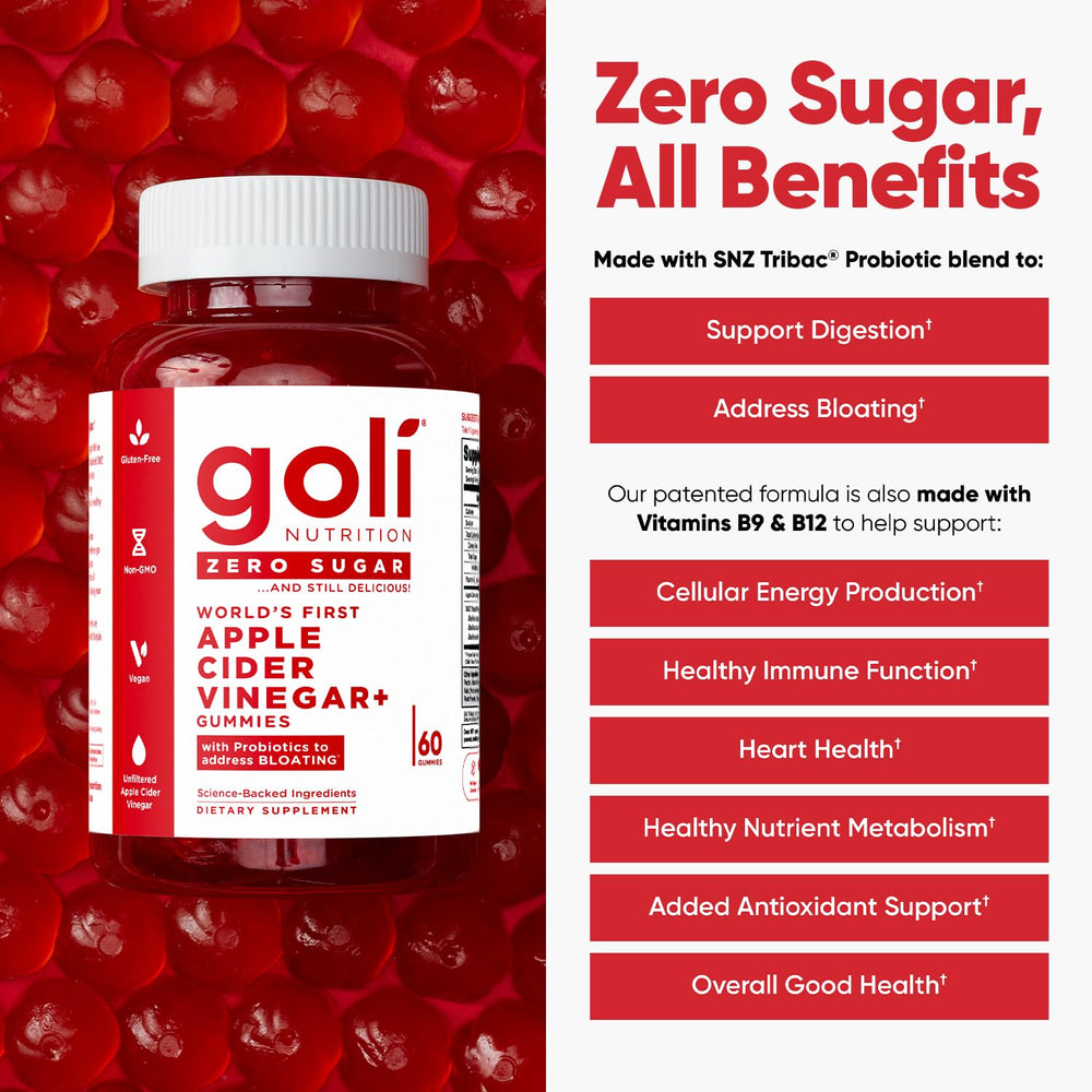 Close-up of Goli Gummies bottle showing zero sugar and ingredients
