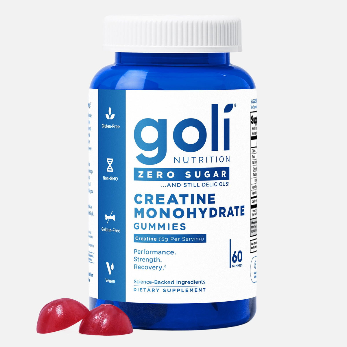 Bottle of Goli Zero Sugar Creatine Gummies - gluten-free, vegan, gelatin-free, keto-friendly