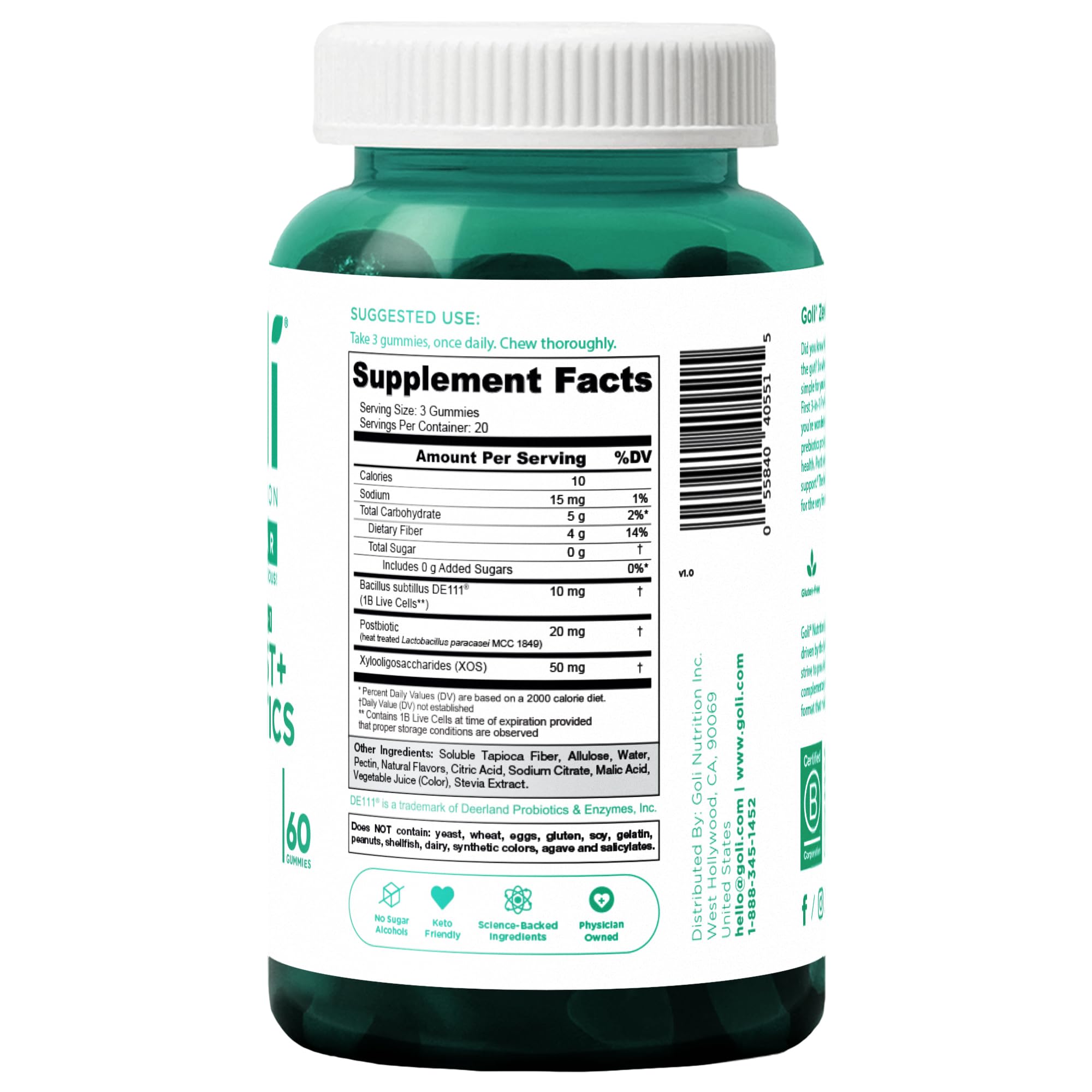 Close-up of Goli Zero Sugar Gummies bottle highlighting pre, post and probiotic formula