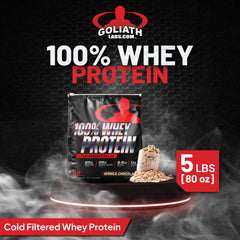 Goliath Labs whey protein scoop pouring into shaker for post-workout shake.