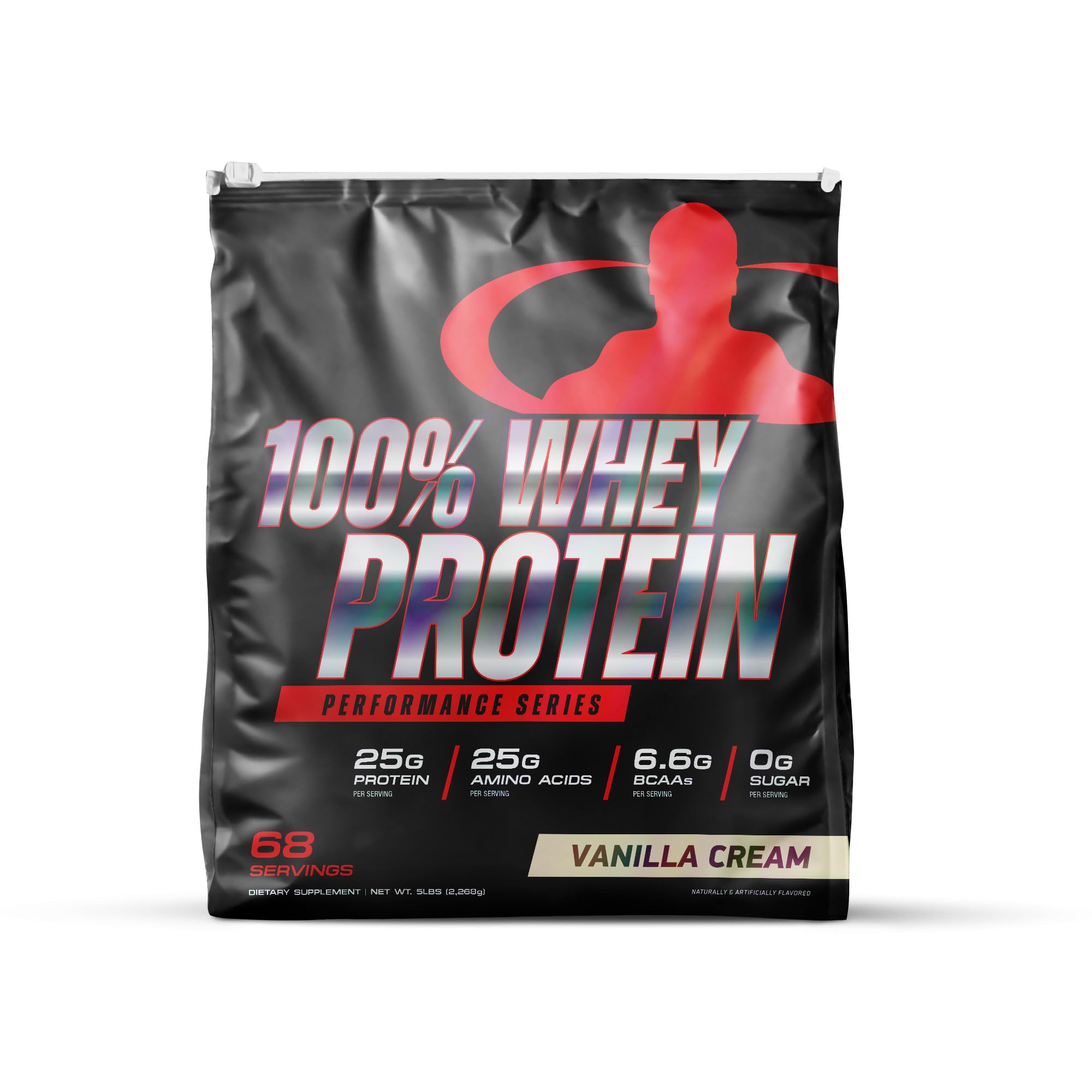Goliath Labs whey vanilla powder bag highlighting high protein for lean muscle