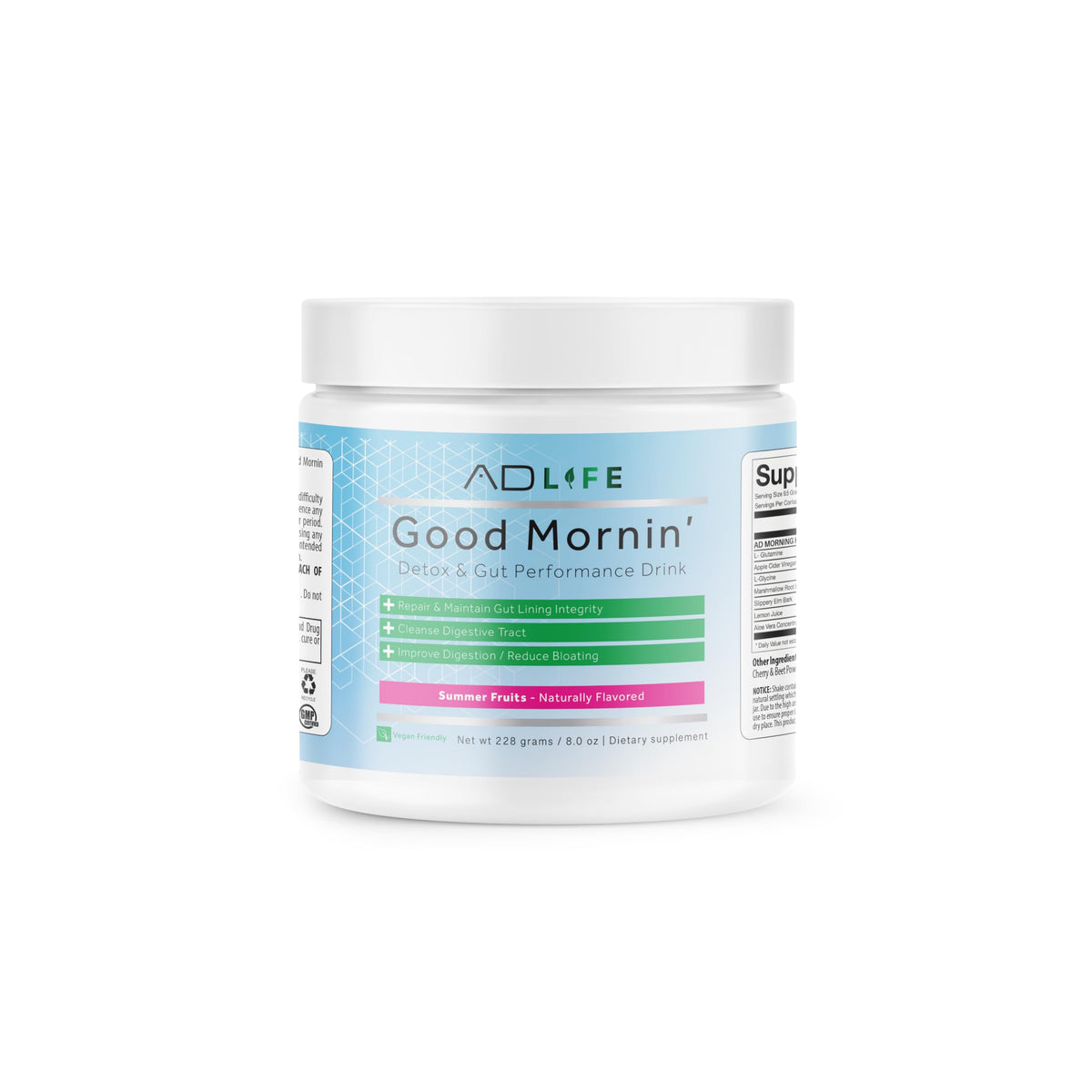 Good Morning Detox & Performance Drink tub with Summer Fruits flavor and scoop