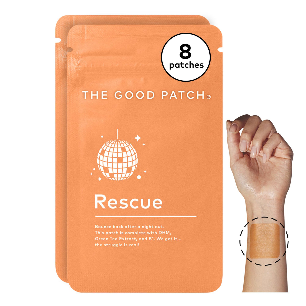 The Good Patch Rescue Recovery Patch applied to forearm during night out