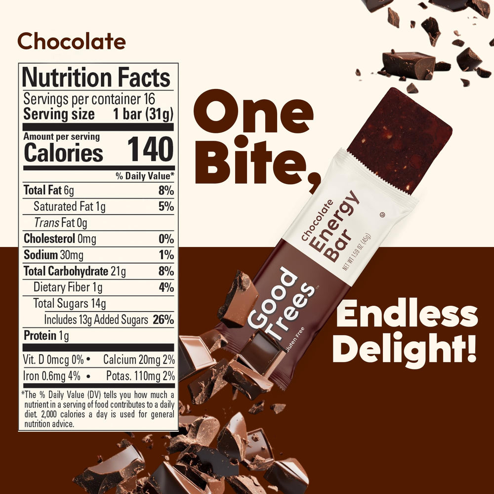 Good Trees Chocolate Energy Bar pack features convenient gluten-free snack for busy days