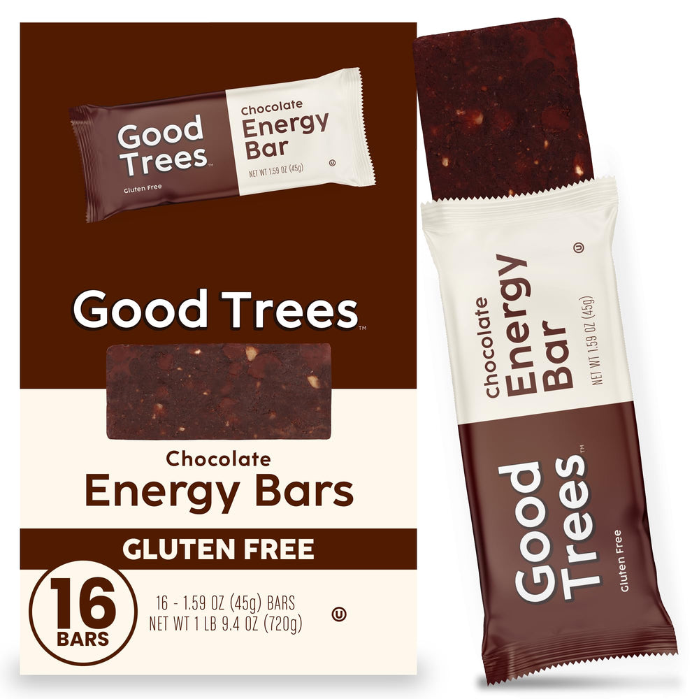 Good Trees Chocolate Energy Bar unwrap shows rich cocoa and crunch for on-the-go snacking