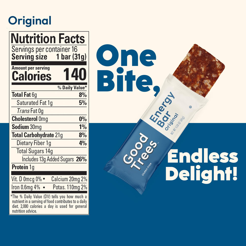 Close-up of Good Trees Original Flavor bar with creamy nut butter and crunchy texture