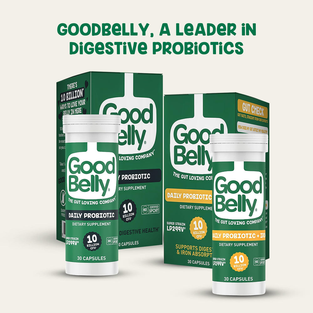 Graphic highlighting iron absorption support from GoodBelly probiotic