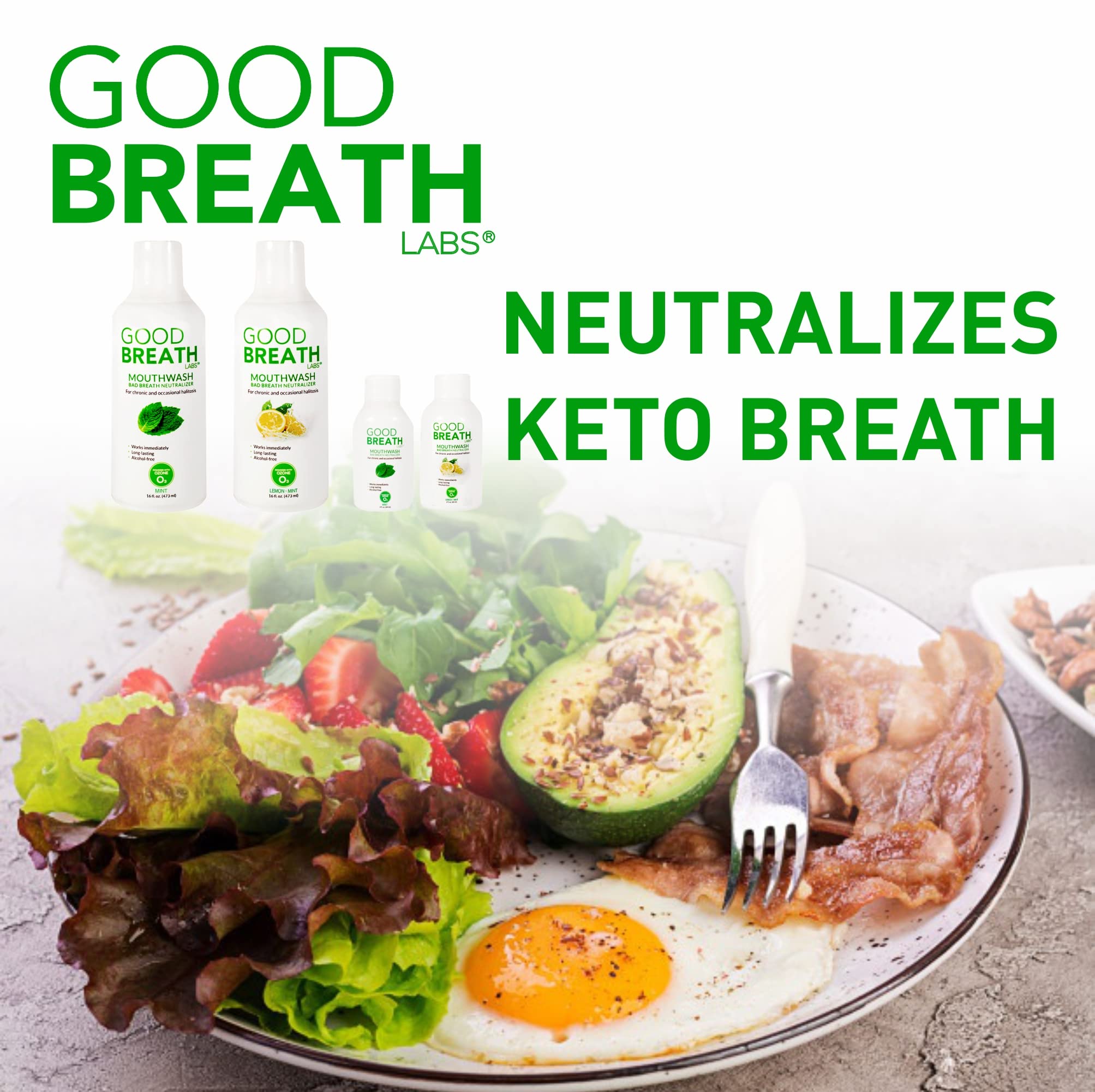 Close-up of Goodbreath Mint Mouthwash bottle showing ozone technology