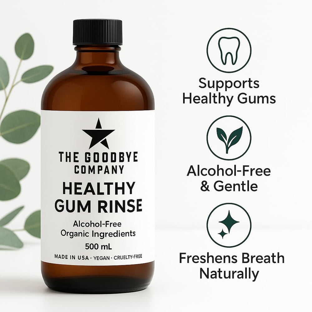 Back label with directions for use on The Goodbye Company gum rinse
