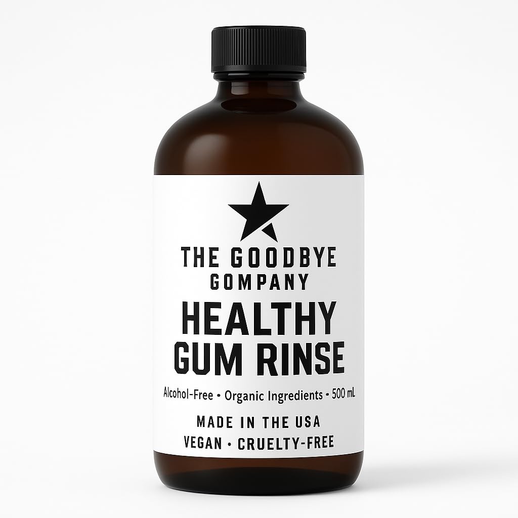 Front view of The Goodbye Company Healthy Gum Rinse 500ml bottle
