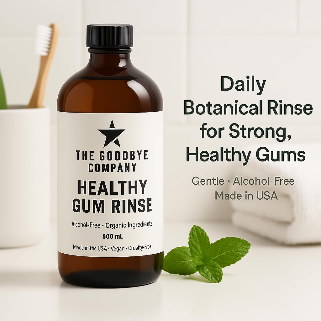 Packaging box and bottle label for The Goodbye Company gum rinse