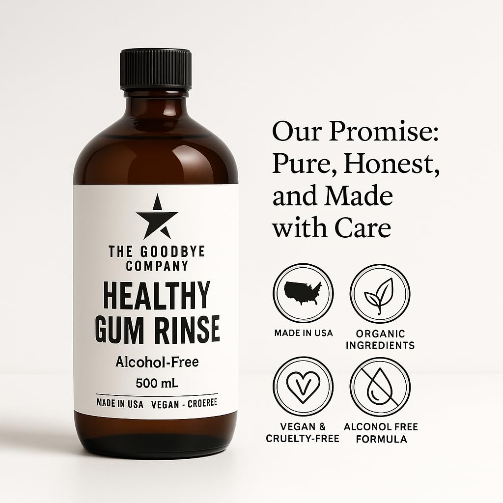 Person rinsing mouth with The Goodbye Company gum rinse (30-60 seconds)