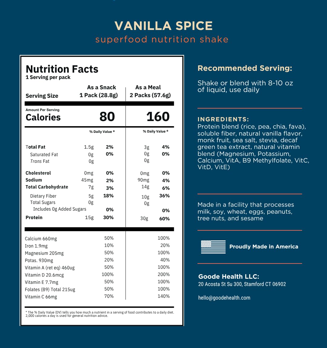 Plant-based protein sources: Organic Rice, Pea, Chia, Fava