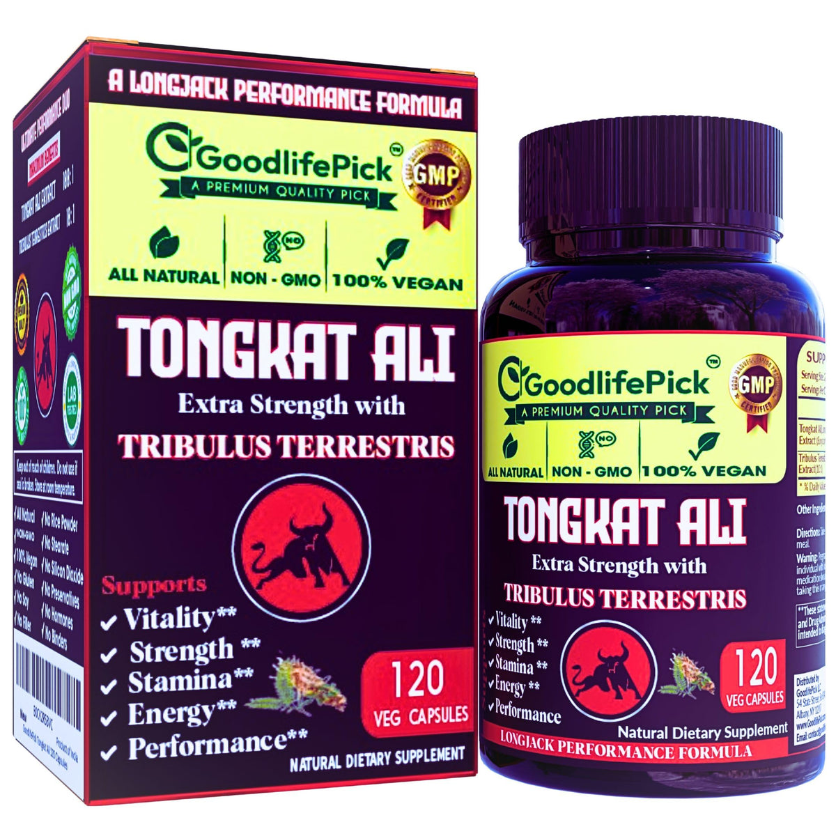 GoodlifePick Tongkat Ali Tribulus bottle showing premium formula for daily vitality