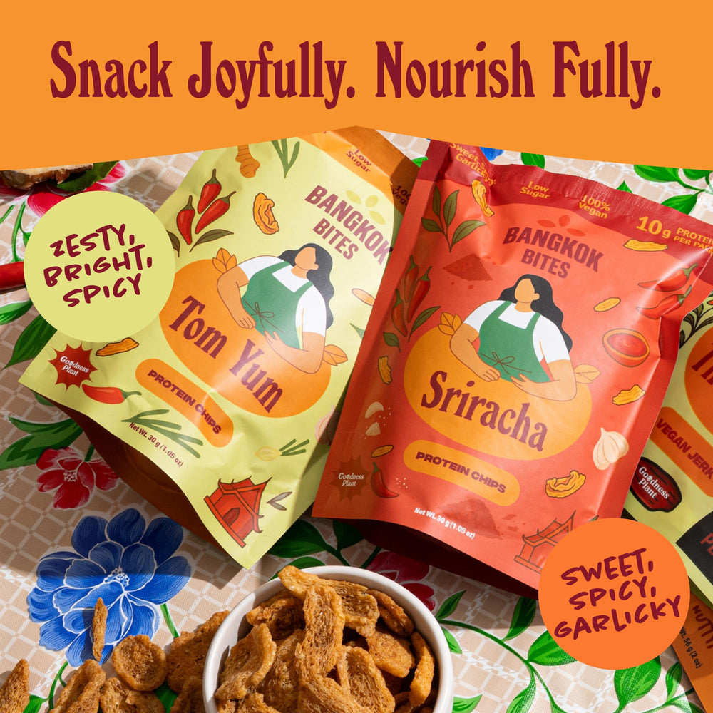 Goodness Plant Bangkok Bites Spicy Sriracha bag highlighting fiery Thai flavor