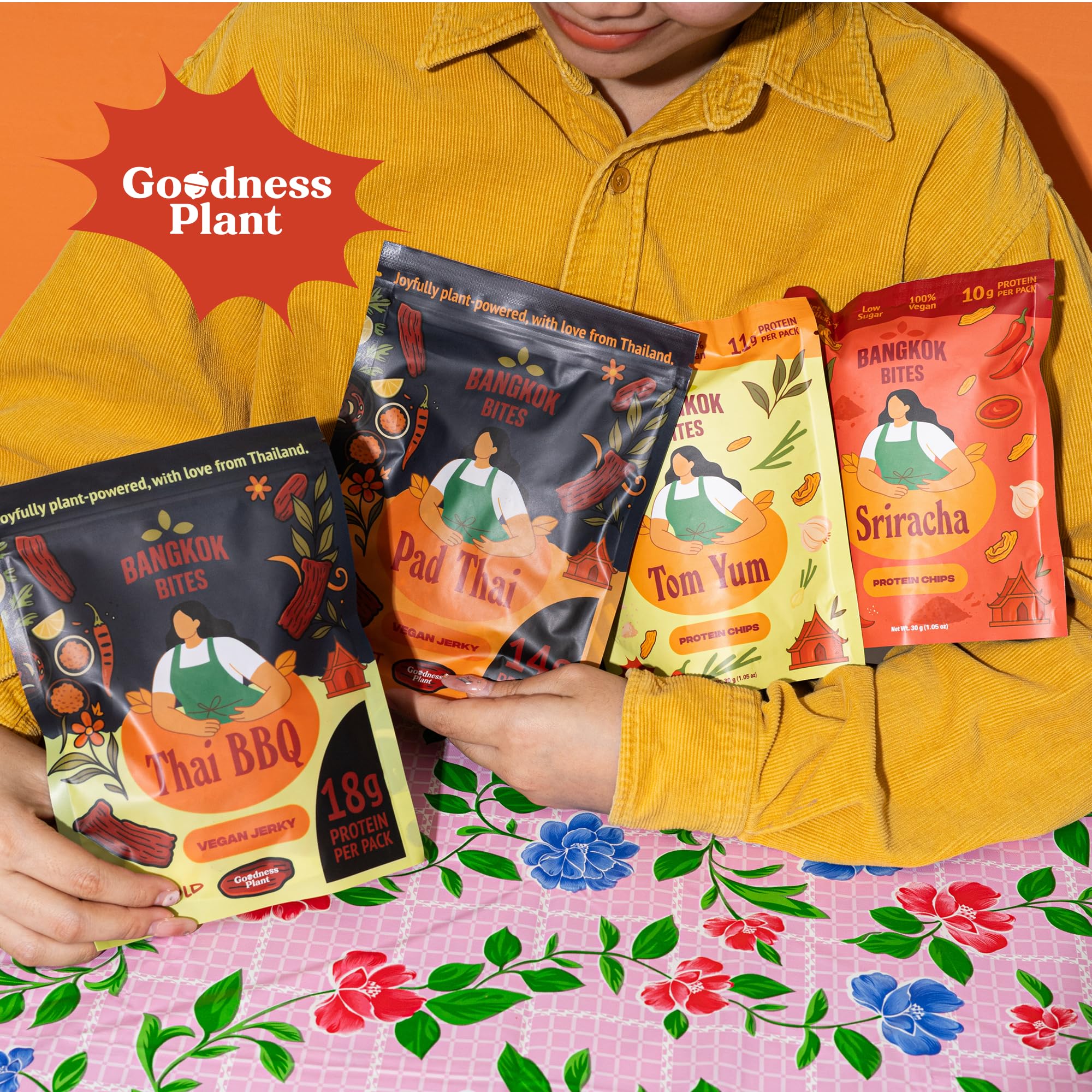 Goodness Plant Bangkok Bites store display presents vibrant Thai-inspired snacks