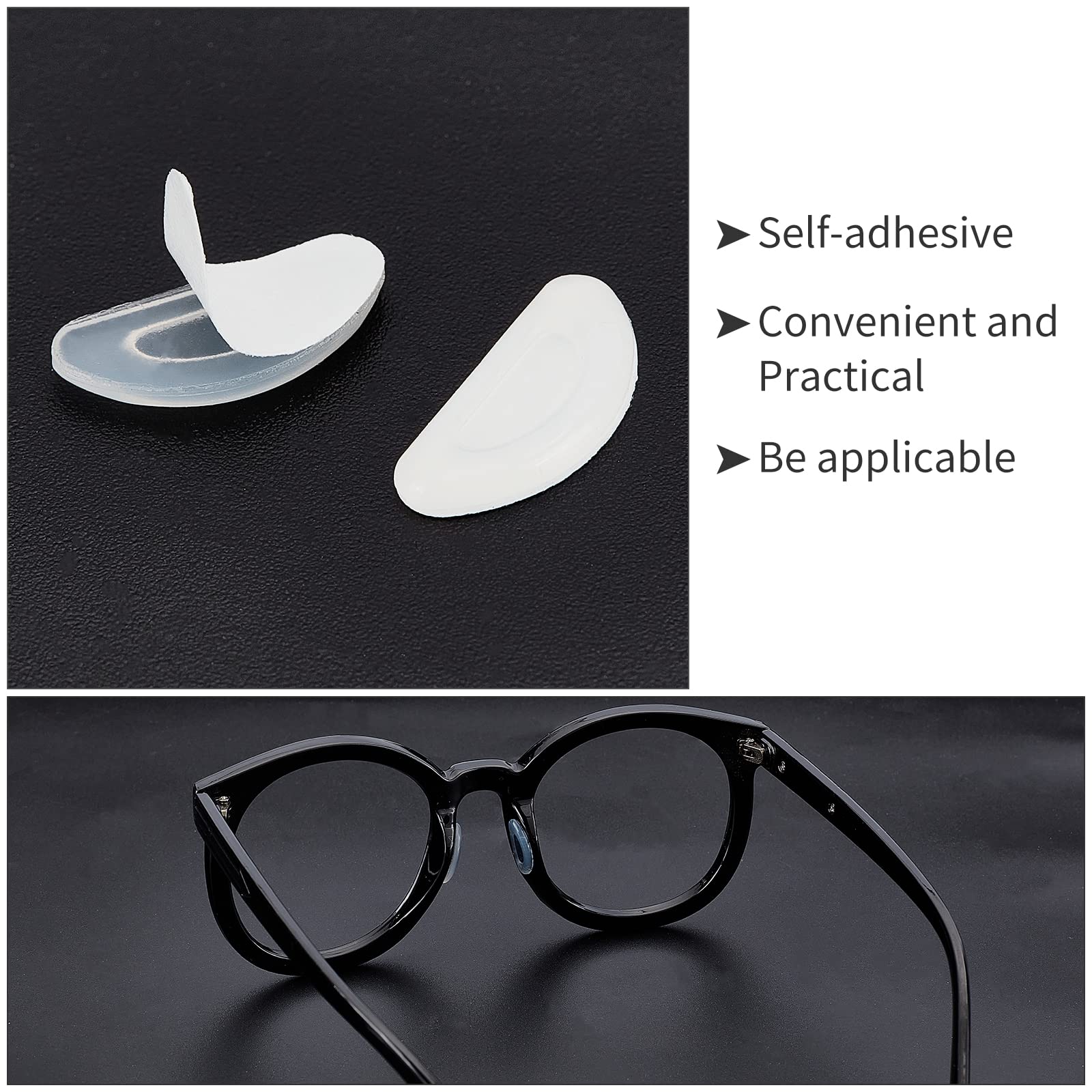 Adhesive-backed silicone nose pads being applied to glasses