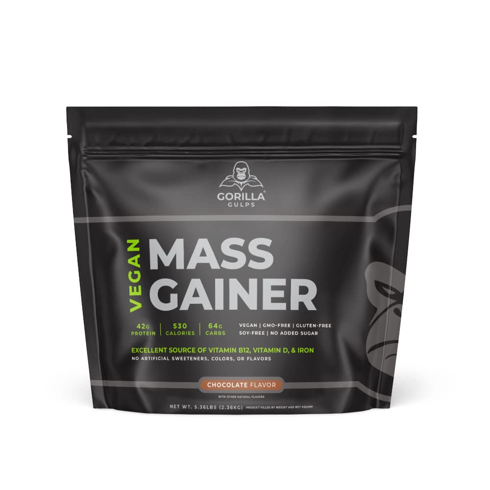 Gorilla Gulps Chocolate Vegan Mass Gainer packaging, 5 lb