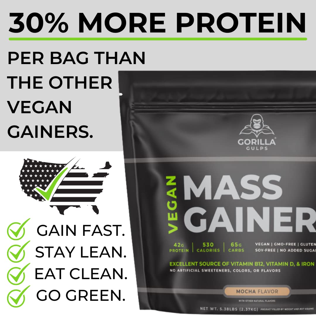 Gorilla Gulps Mocha Vegan Mass Gainer side view with scoop