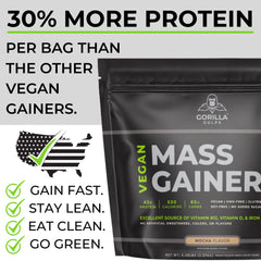Gorilla Gulps Mocha Vegan Mass Gainer side view with scoop