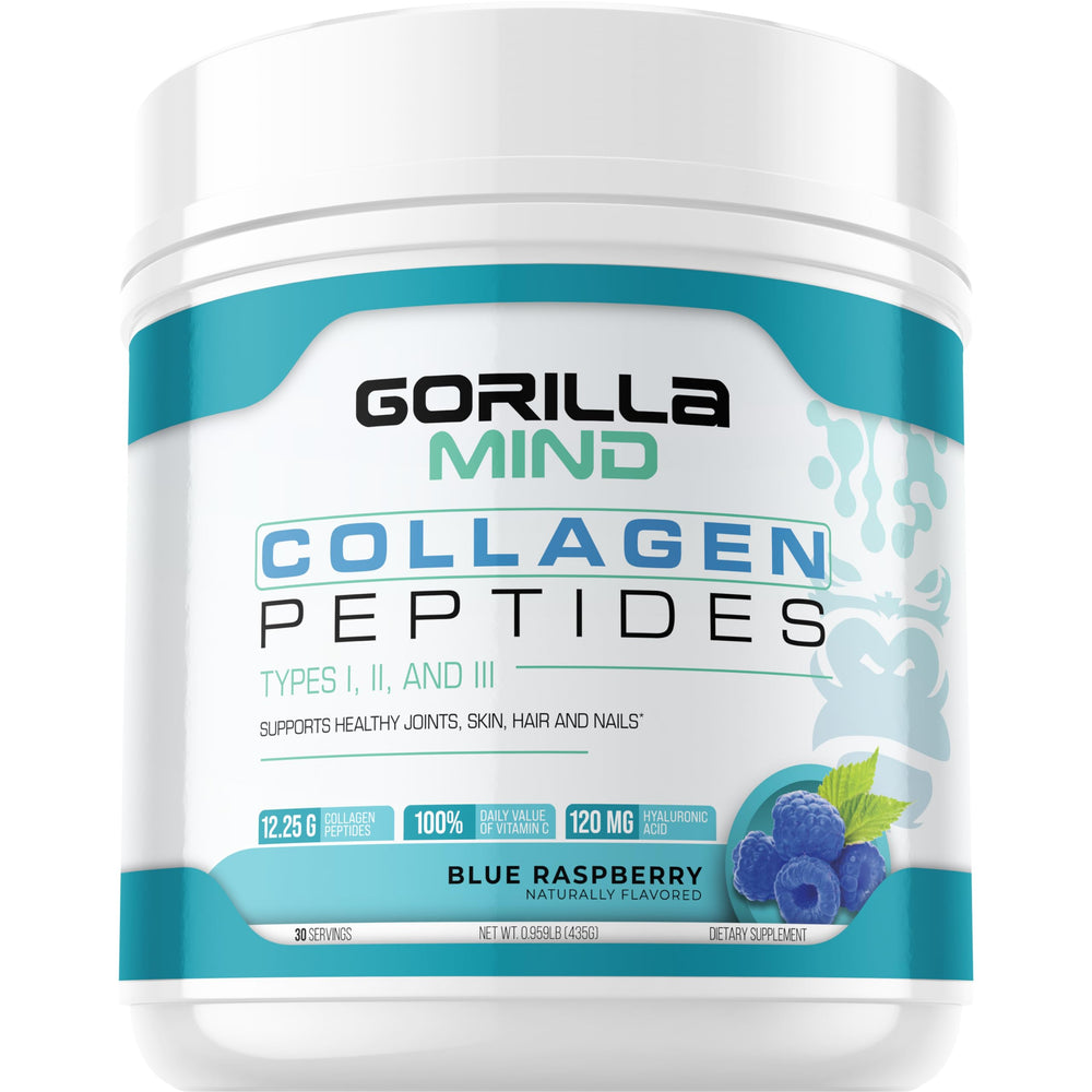 Gorilla Mind Collagen Peptides canister with Blue Raspberry flavor