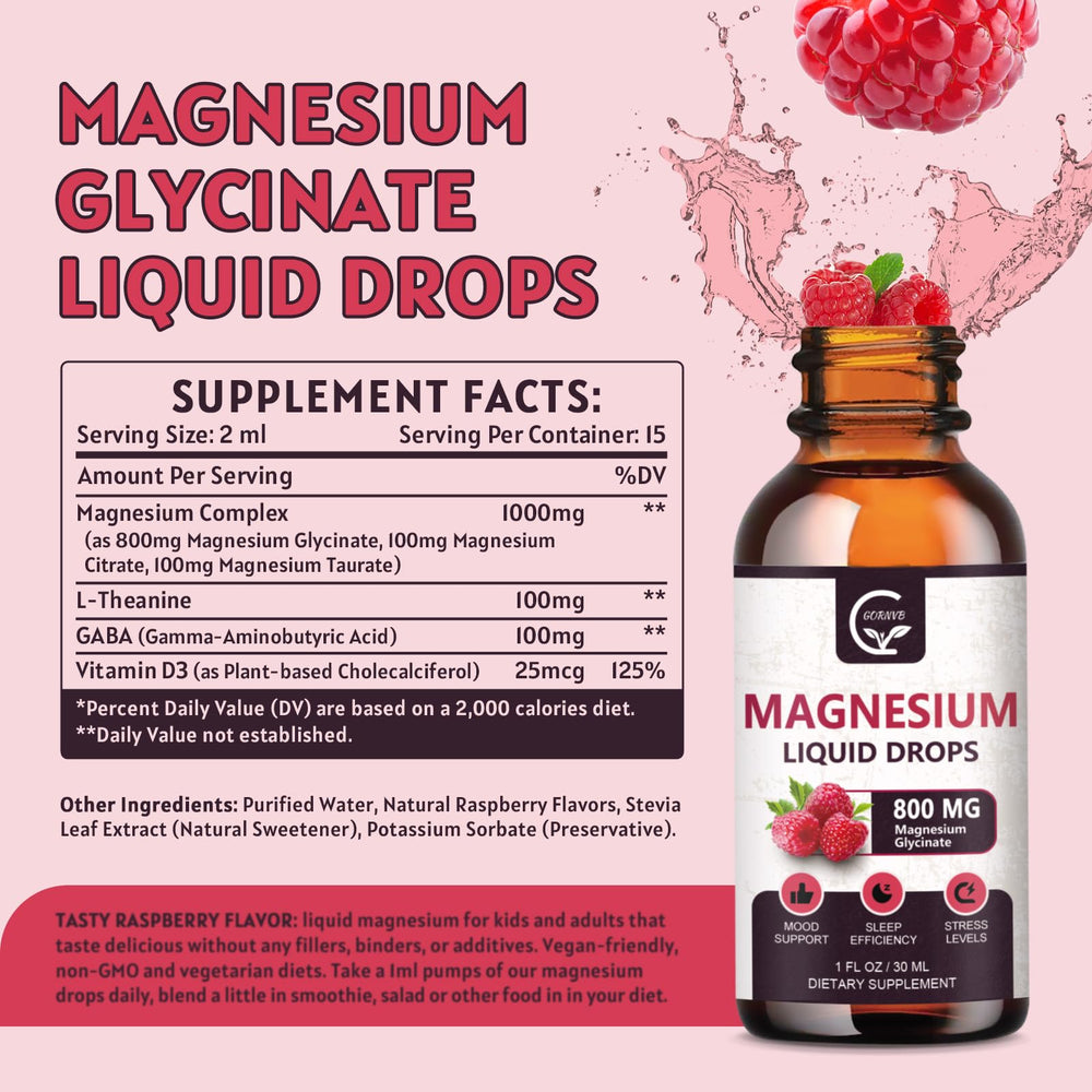 Close-up of Raspberry flavored magnesium glycinate liquid drops