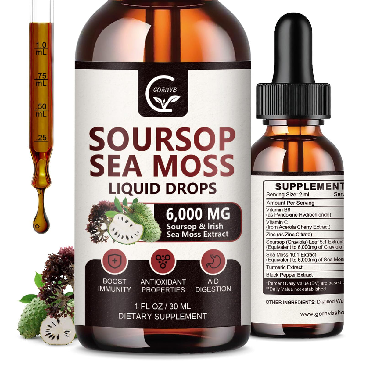 Front view of GORNVB Soursop Graviola Liquid Drops 2-pack (1 oz each)