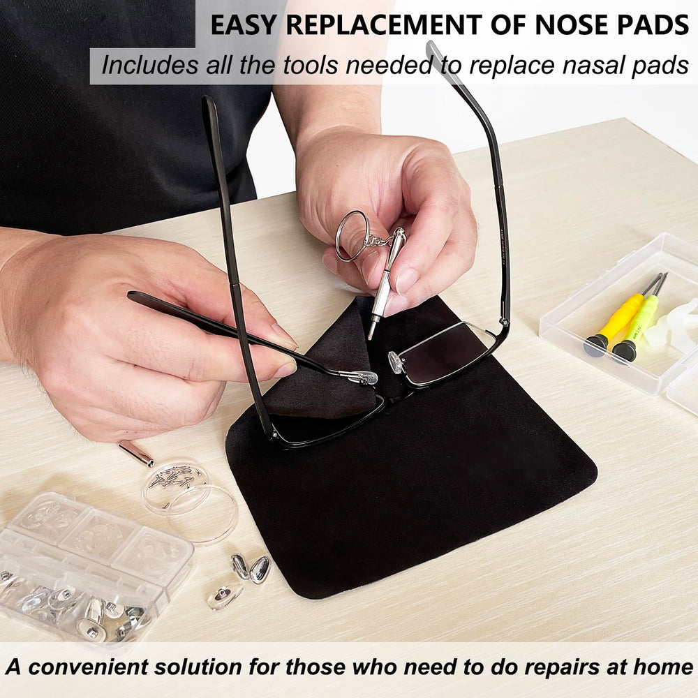 Contents include 22 screw-in nose pads, screwdriver, tweezers, and a cleaning cloth