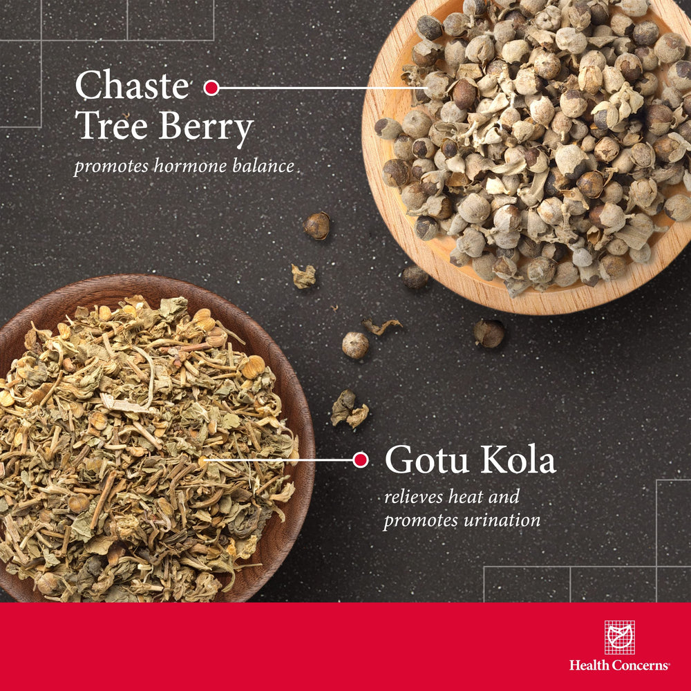 Close-up of Gotu Kola, Chaste Tree Berry, and other herbs used