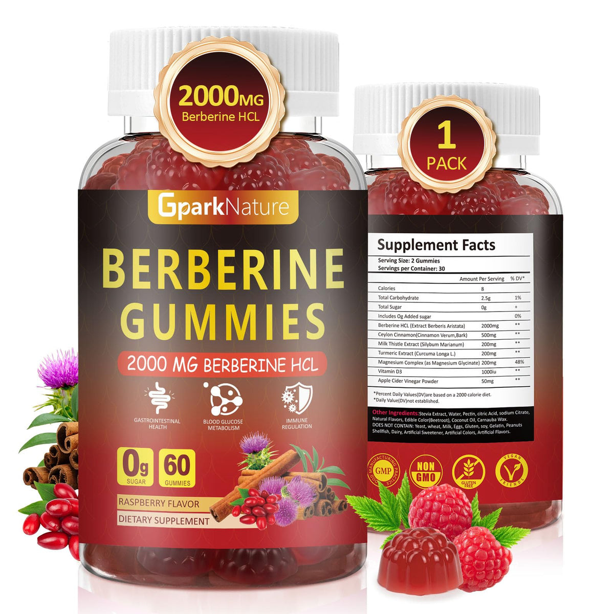 Front view of GparkNature Berberine Gummies bottle