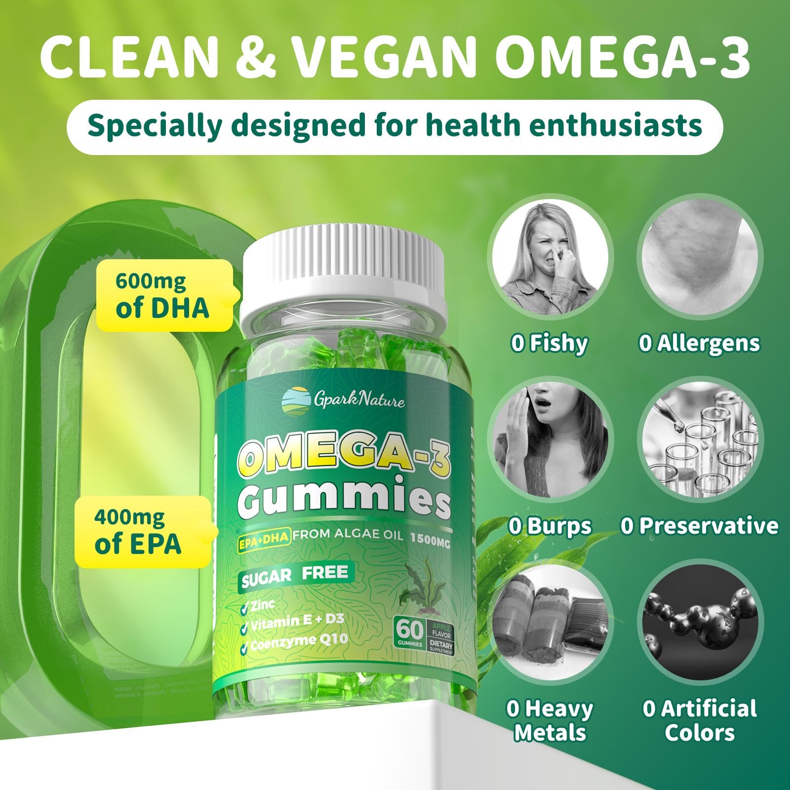 Apple flavor vegan omega-3 gummies with pectin coating