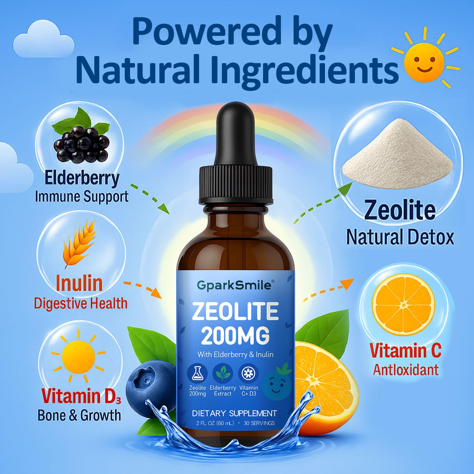 GparkNature Zeolite Detox Drops elderberry-vitamins bottle highlights immune-support ingredients.