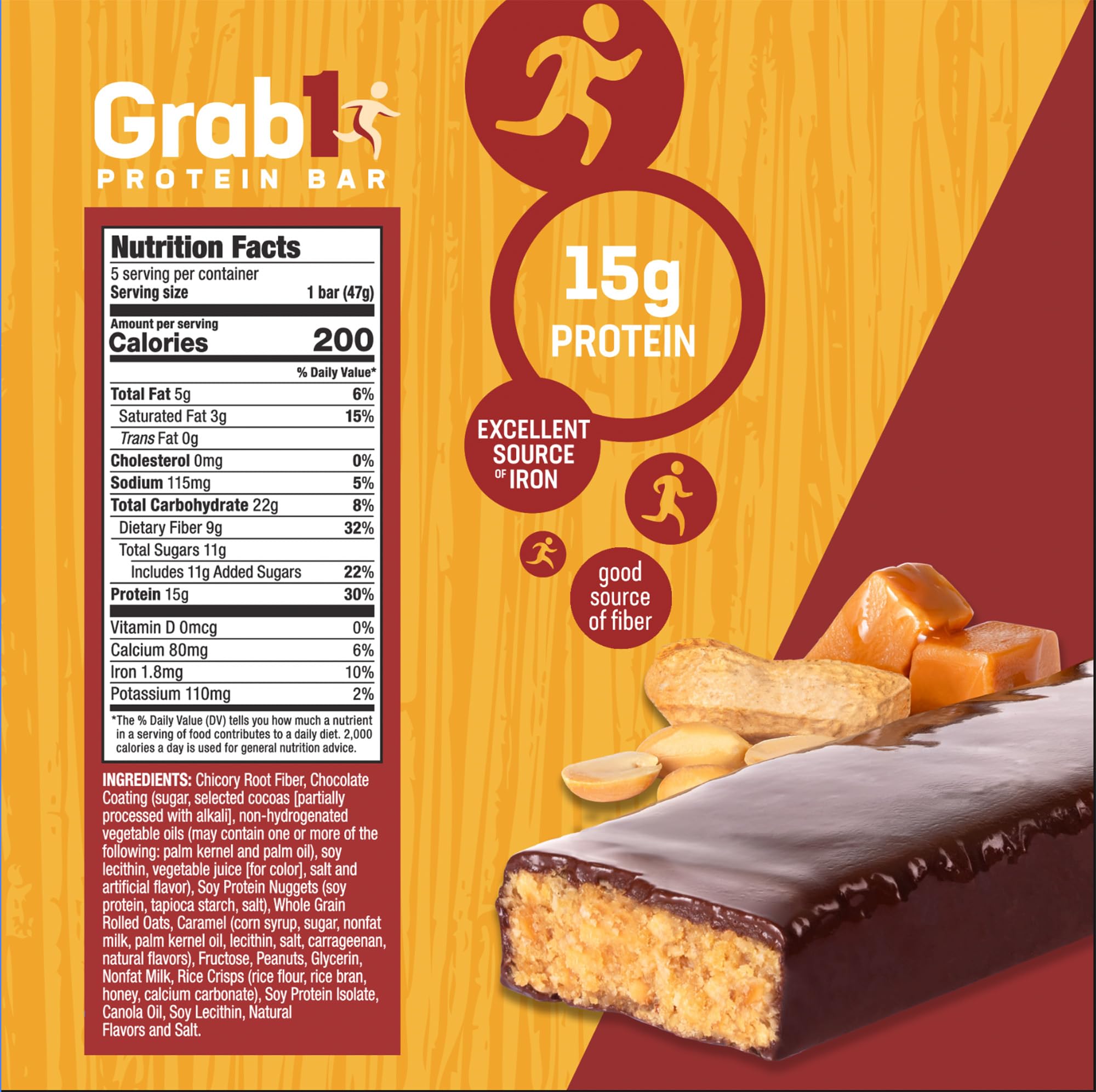 Grab1 bar in hand peanut caramel flavor ready for snack time