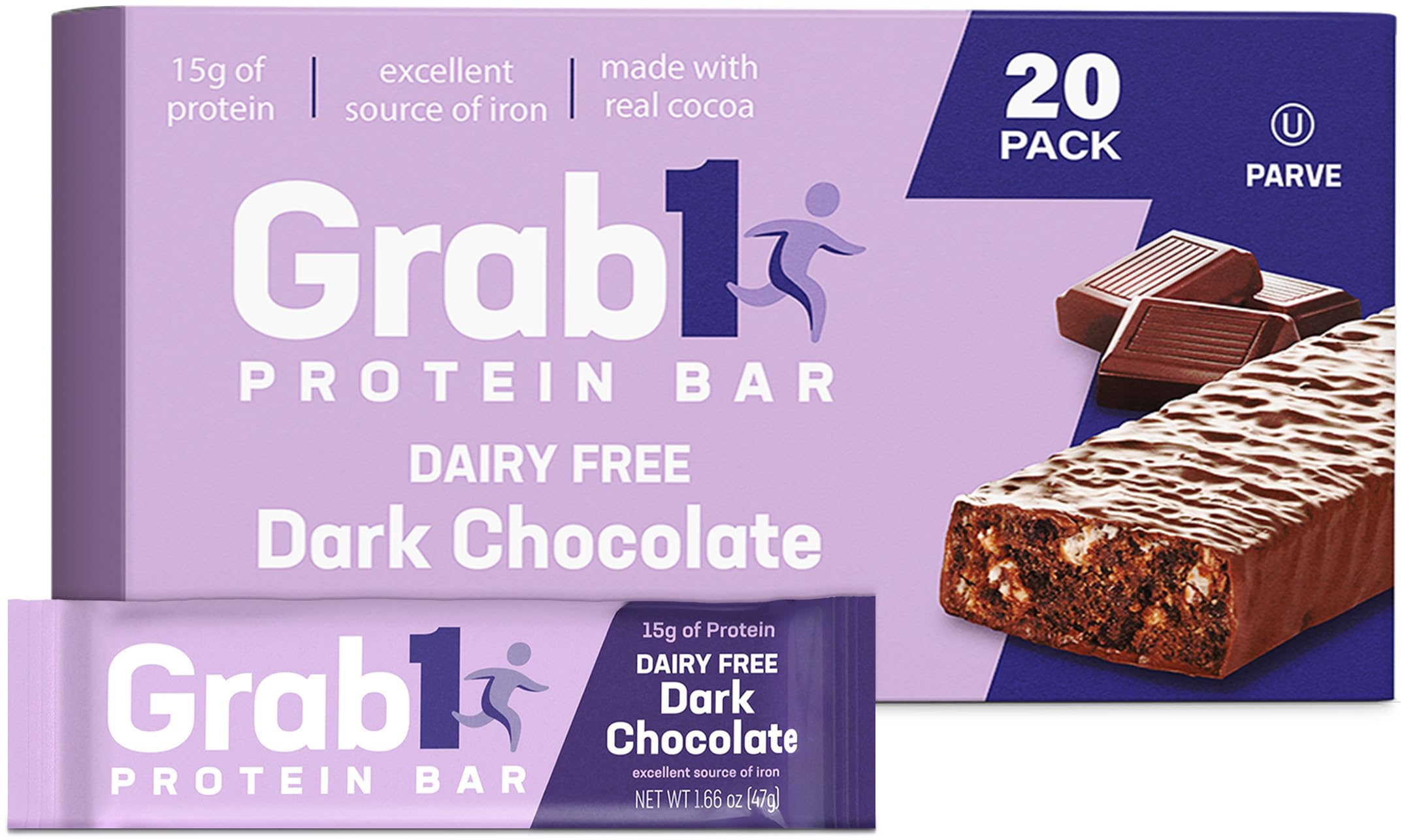 Grab1 dairy-free real dark chocolate bar pack; premium on-the-go energy.