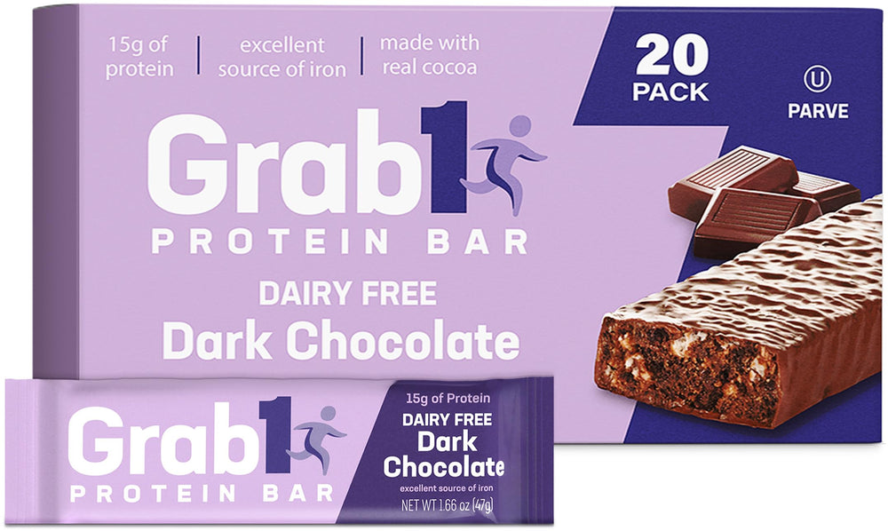 Grab1 dairy-free real dark chocolate bar pack; premium on-the-go energy.